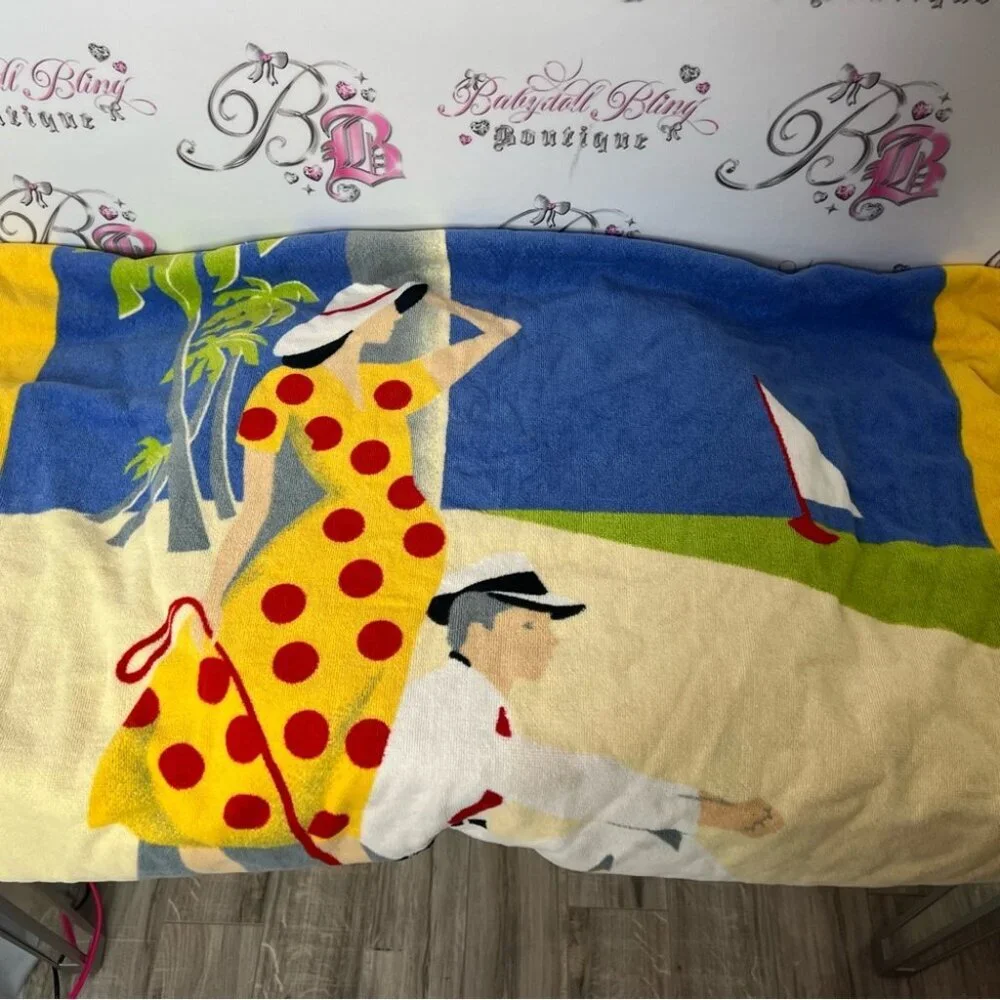 Eaton towel Beach Scene Blanket with dog rare vintage towel beach summer swim
